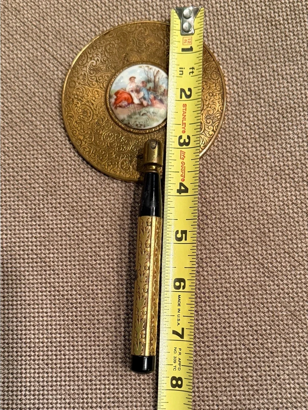 Vtg Womens Brass Handheld Mirror w painted courting scene